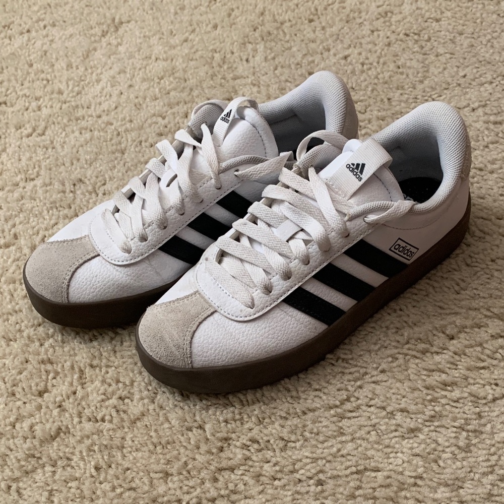 Adidas Women's White and Black Athletic Shoes with Brown Sole